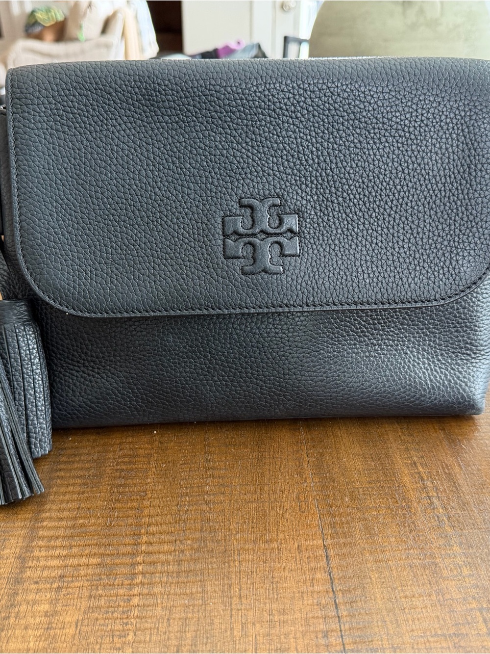 Tory Burch Black Pebbled Leather Crossbody with Tassel